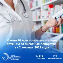 ФОМС за два месяца выплатил аптекам за реализацию льготных лекарств населению около 70 млн сомов