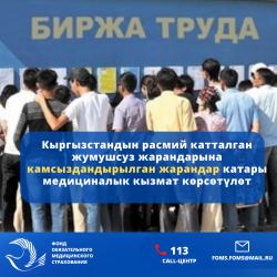 Кыргызстандын расмий катталган жумушсуз жарандарына камсыздандырылган жарандар катары медициналык кызмат көрсөтүлөт